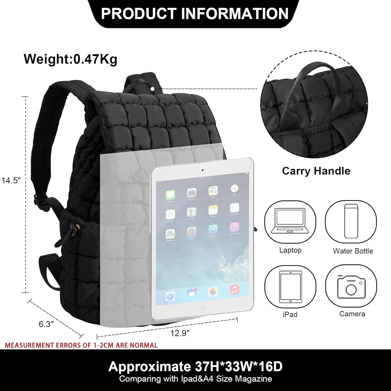 XSUIOY Quilted Backpack Purse for Women Small Lightweight Puffer Puffy College Laptop Backpack