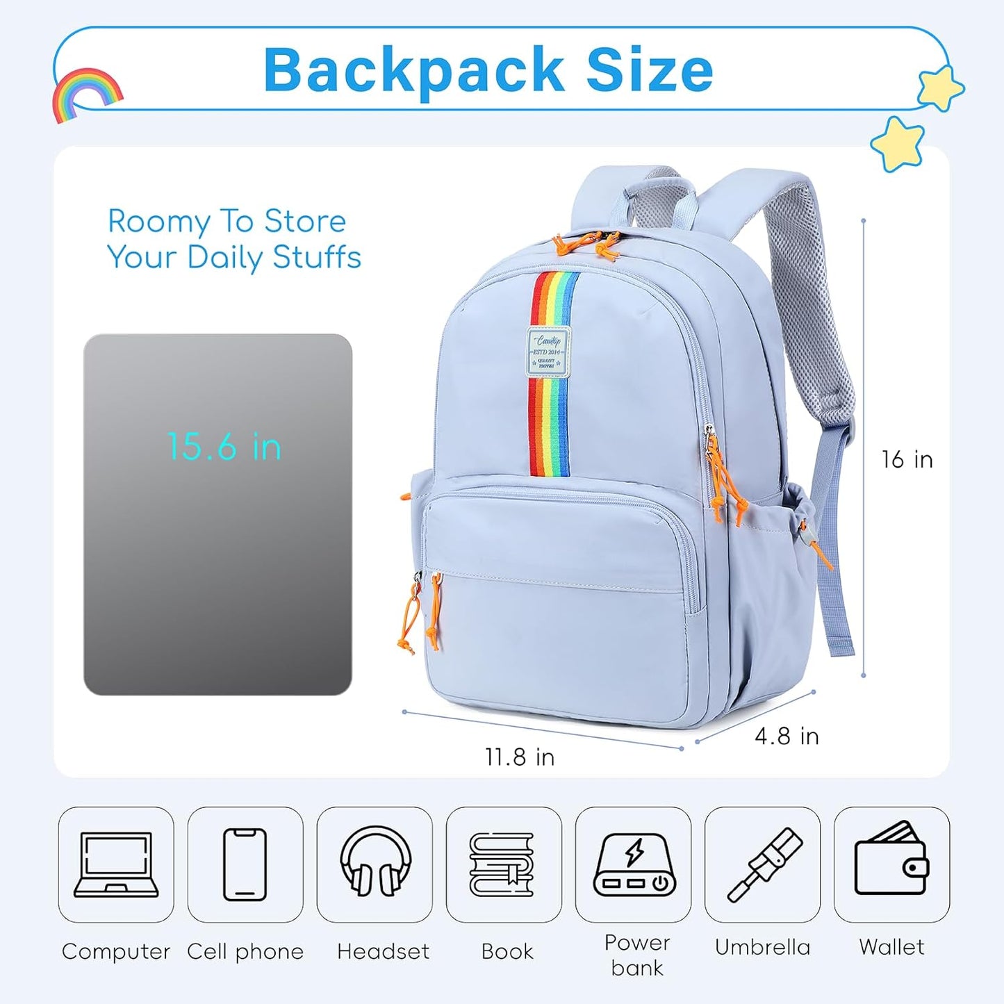 CAMTOP School Backpack for Girls, Kids Backpack for Elementary Middle Ages 8-10 Fit 15.6 Inch Laptop, Lightweight Travel Casual Daypack