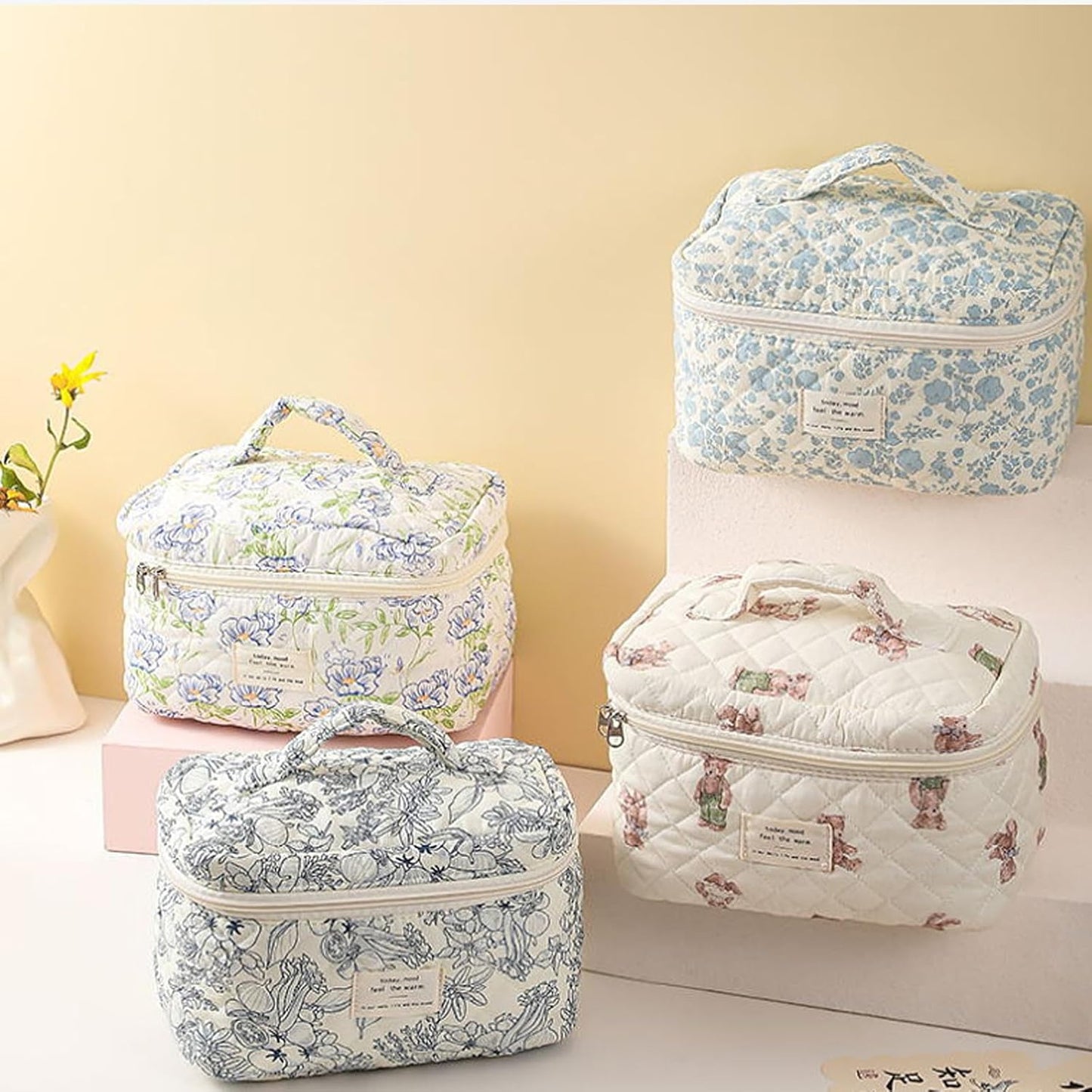 Quilted Makeup Bag, Large Makeup Bag, Cute Cosmetic Bag for Women Girls, Floral Coquette Aesthetic Travel Toiletry Make Up Organizer Bag-White Bow