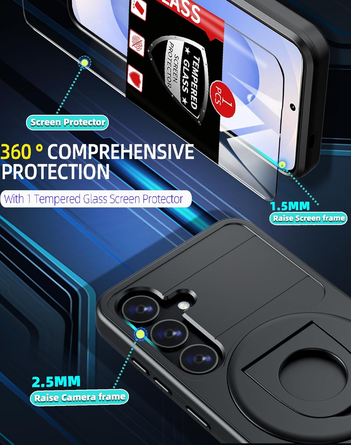 for Samsung Galaxy S25 Case Magnetic Compatible with MagSafe Wireless Charging,with Screen Protector,for S25 Phone Case with Kickstand Ring Anti-Scratch Shockproof Heavy Duty Protection Black