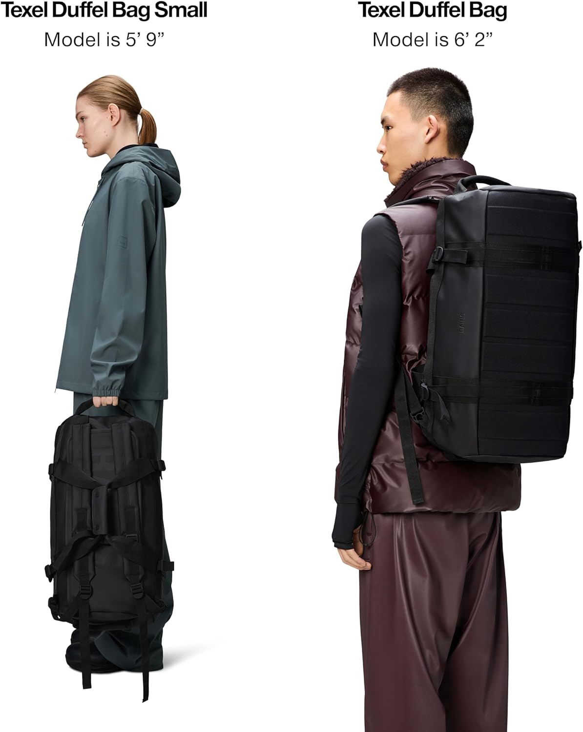 RAINS Texel Duffel Bag - Waterproof Black Large Travel Bag with U-Shaped Zip Closure, Compression Straps, Mesh Pockets, and Padded Carry Handles - 2 Year Warranty