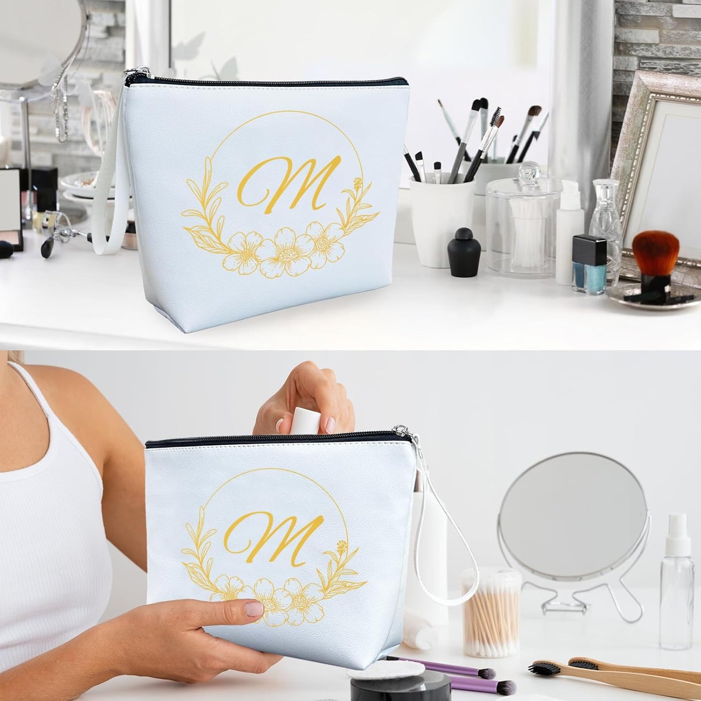 ubmpj Personalized Makeup Bag PU Leather Waterproof Custom Monogrammed Cosmetic Bag with Inner Pocket Gift for Wedding Birthday Christmas Bride Bridesmaid Friends