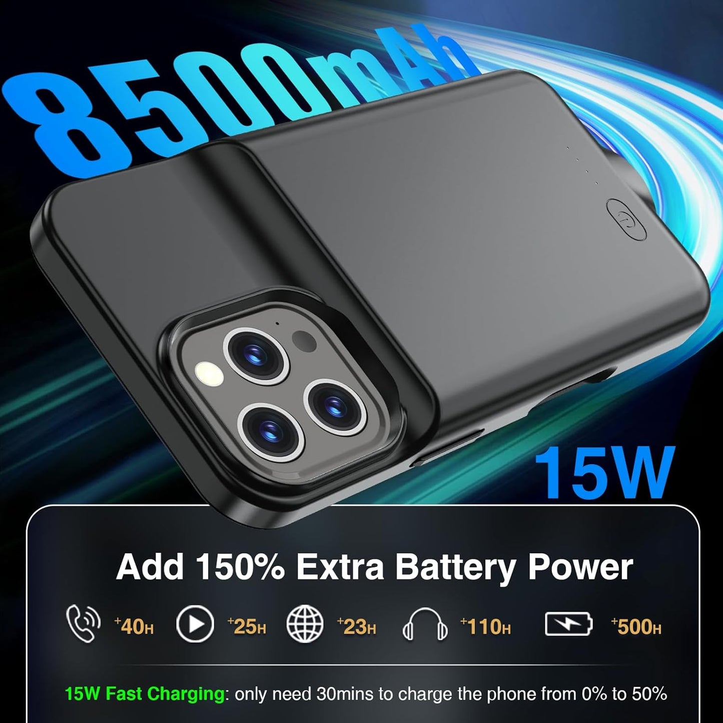 GIN FOXI Battery Case for iPhone 16 Pro Max, Charging Cases Charger 8500mAh Ultra-Slim Lightweight Battery Pack Rechargeable Anti-Fall TPU Juice Box for iPhone 16 Pro Max (6.9 inch) Black