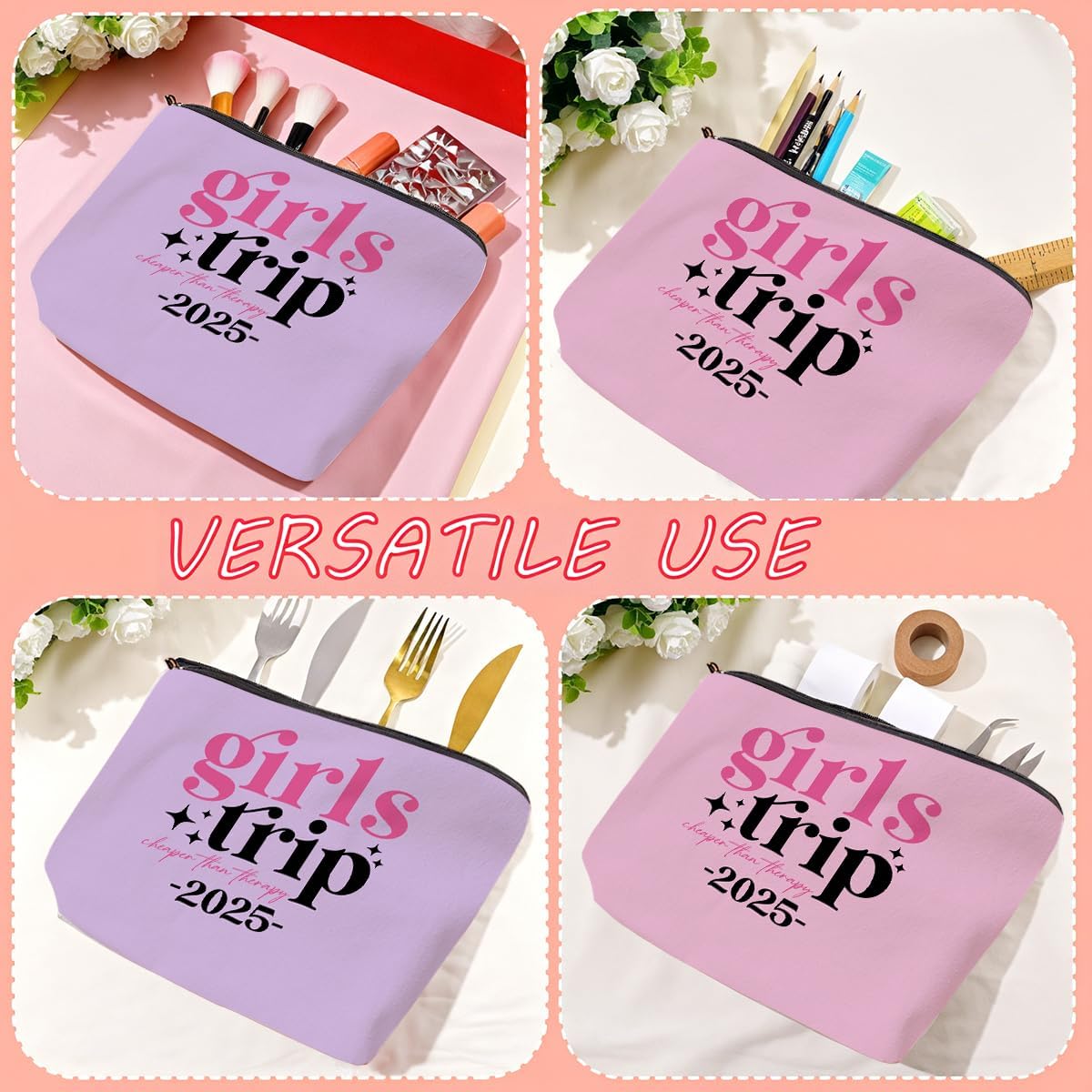 2 Pcs Girls Trip Gifts: Fashion Pink Cosmetic Bag for Women, Adults - Travel, Toiletry