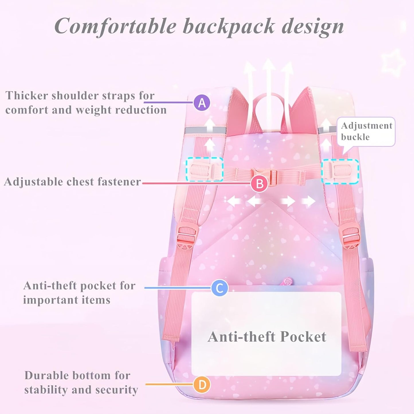 Gradient Kids Bookbag with Compartments - Cute Backpacks for Elementary School Girls