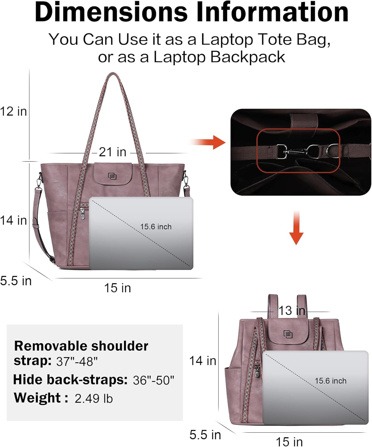 FADEON Large Laptop Tote Bag for Women Designer Leather Laptop Bag Fashion Travel Backpack Purse Shoulder Handbag