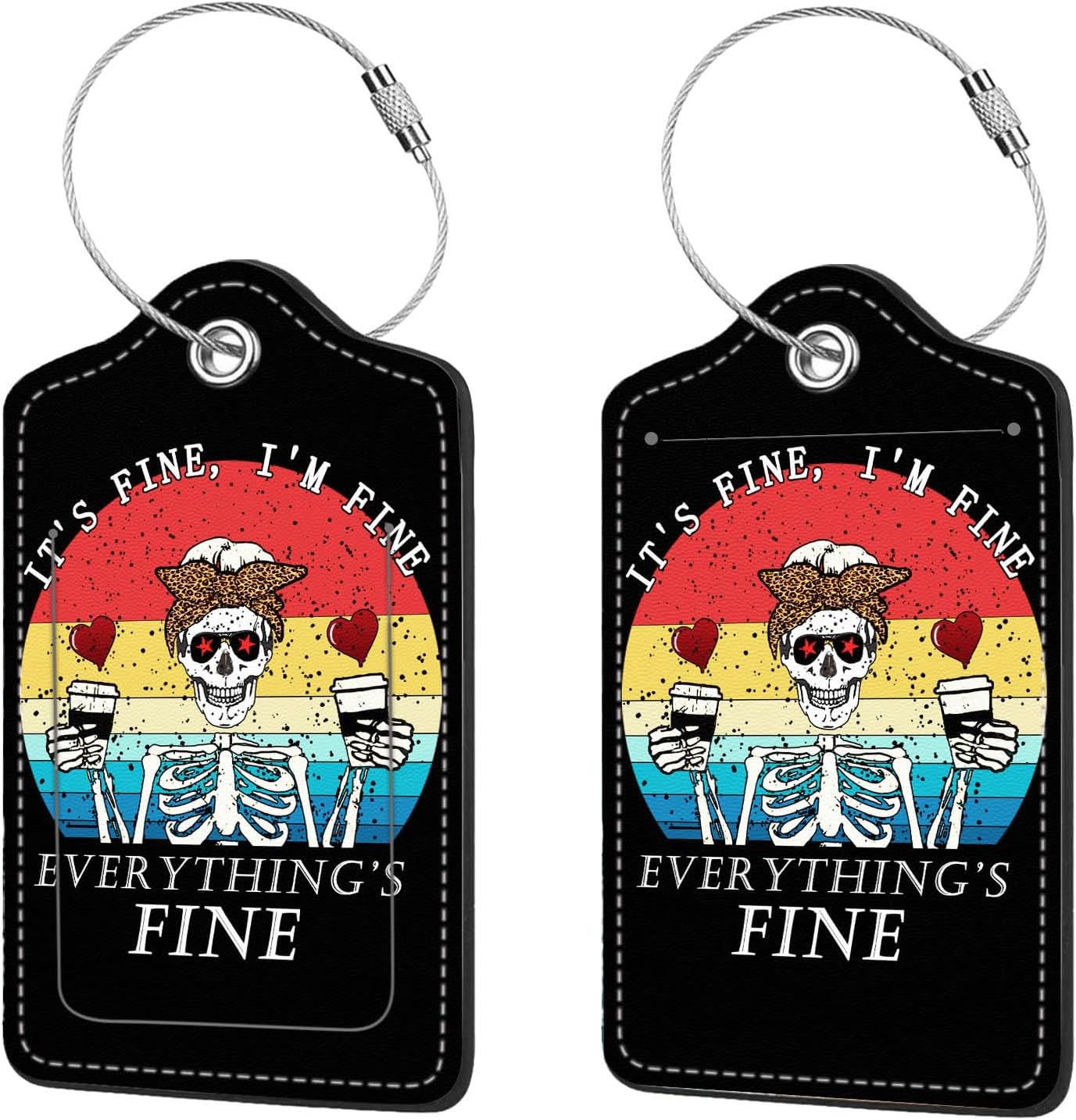 2 Pcs Luggage Tags for Suitcase, Cute Unique PU Leather Travel Bag Tag with Privacy Cover ID Label Address Card and Durable Metal Ring Suitable for Men Women Children Backpack,Human Skull