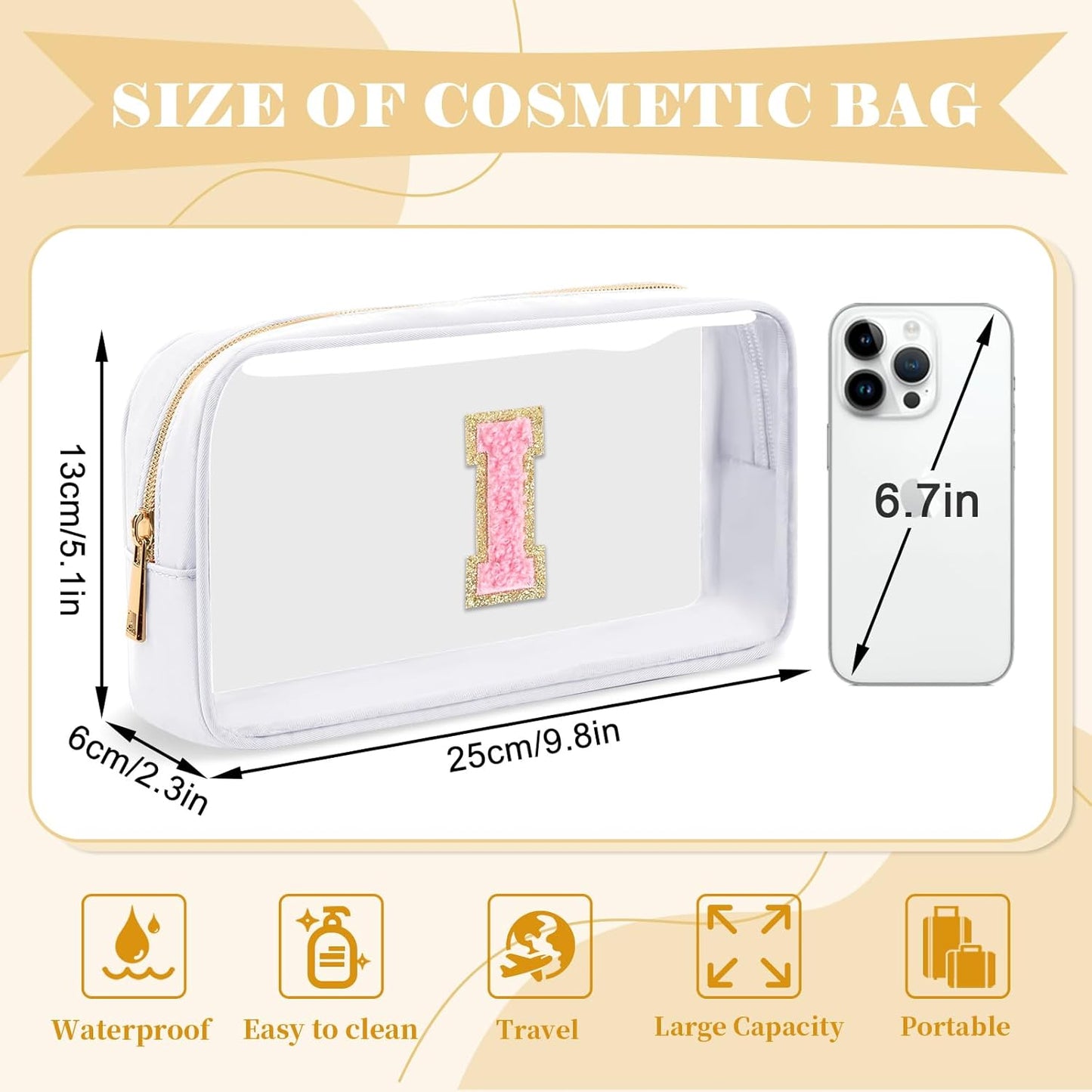 Personalized Initial Letter Clear Makeup Bag,Preppy Small Nylon&PVC Cosmetic Zipper Bag with Chenille Letter,Travel Skincare Toiletry Bag,Monogram Christmas Gift for Teen Girls Women,I