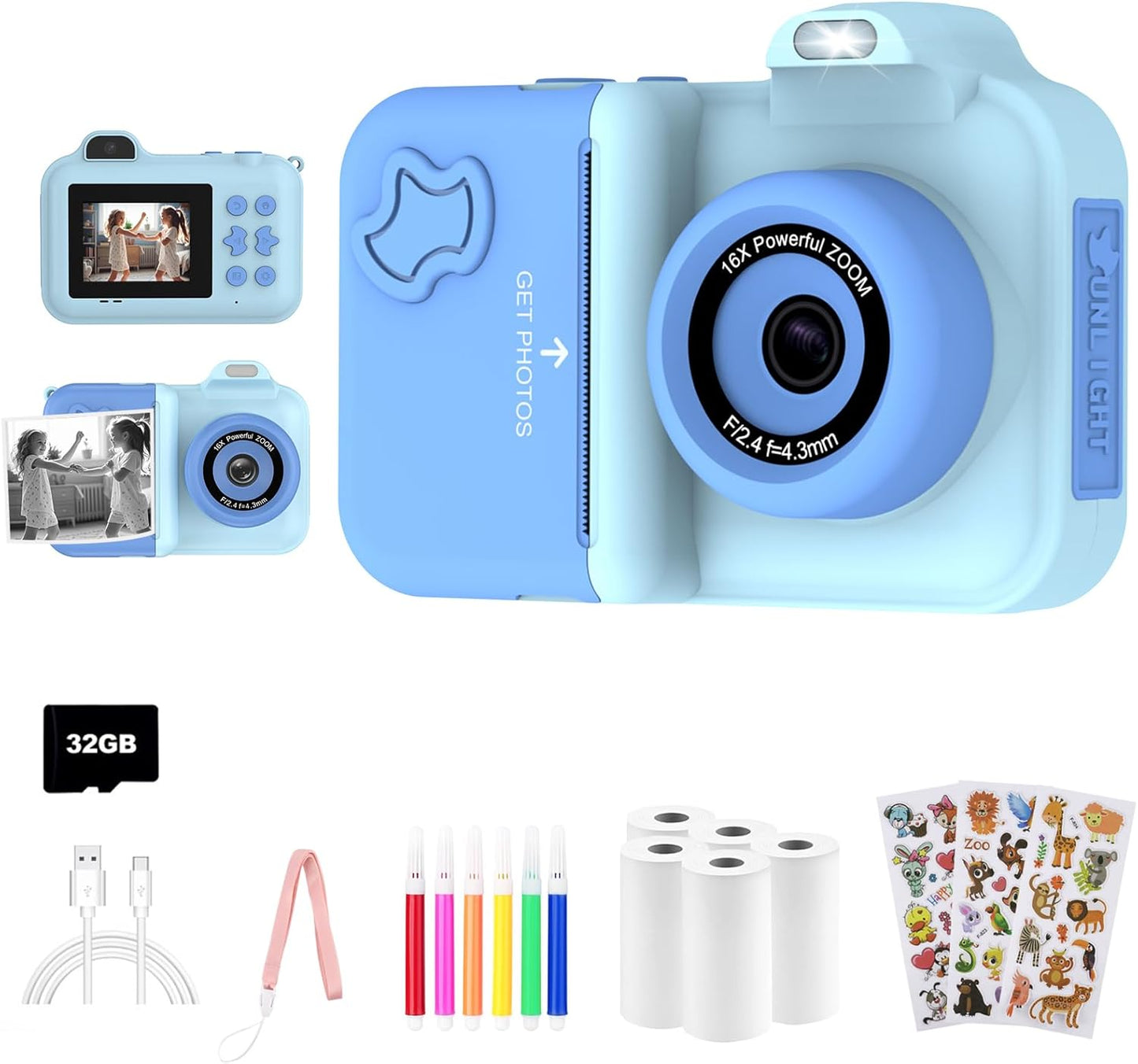 Kids Camera Instant Print, Christmas Birthday Gifts Toys for Girls Boys Age 4 5 6 7 8 9 10 11 12 Years Old,1080P HD Dual Lens Selfie Digital Camera with 5 Rolls Print Paper Stickers Pens 32G Card