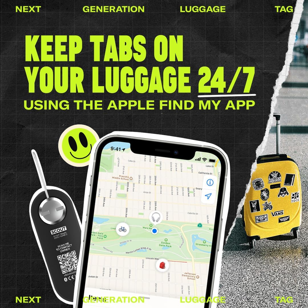 Knog Scout iOS Twin Pack Smart Tag, Tracker & 85dB Alarm – Rechargeable Luggage Tag Compatible with iOS App & Apple Find My, Digital Contact Info, Remote Chime, Water-Resistant, Black/Green