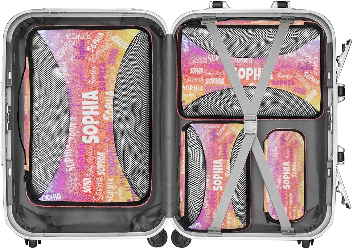 Personalized Packing Cubes, Set of 4 with Zipper Handles, Custom Name Travel Suitcases Luggage Packing Organizers, Purple Red Yellow Glittering