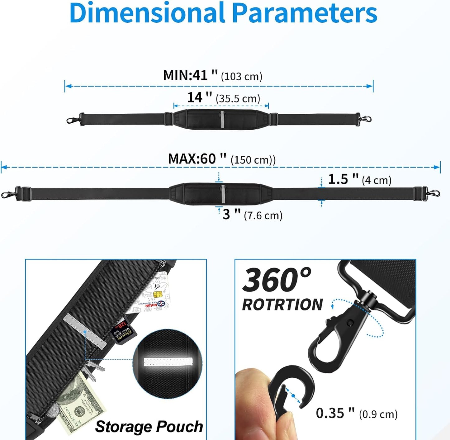 60" Universal Shoulder Strap, 3D Sponge Thick Padded Bag Strap with Double Adjustable Buckles and Metal Hooks, Ideal for Briefcases, Crossbody Bags, Luggage (Storage Bag + Reflective Tape)