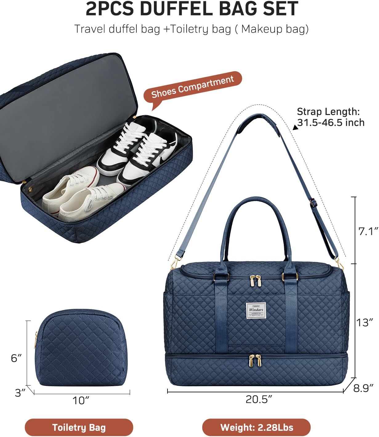Travel Duffle Bag, Weekender Bags for Women with Shoe Compartment, Overnight Bag with Toiletry Bag, Carry On Duffel Bags For Airplanes, Yoga Gym Duffel Bag, Navy