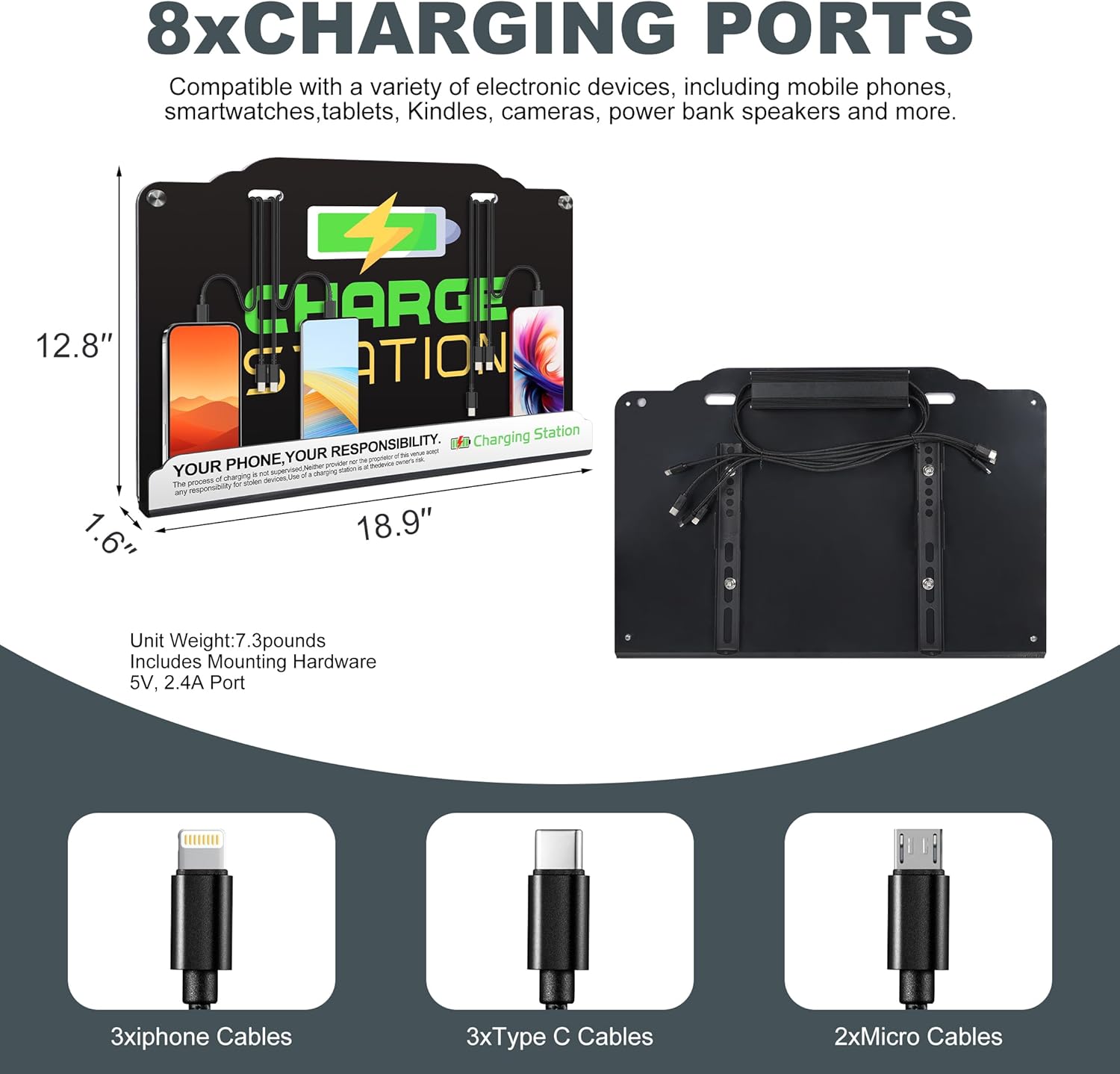 Wall Mount Charging Station with 8 Ports Phone Charger with Type-C,Android Port | Applicable for