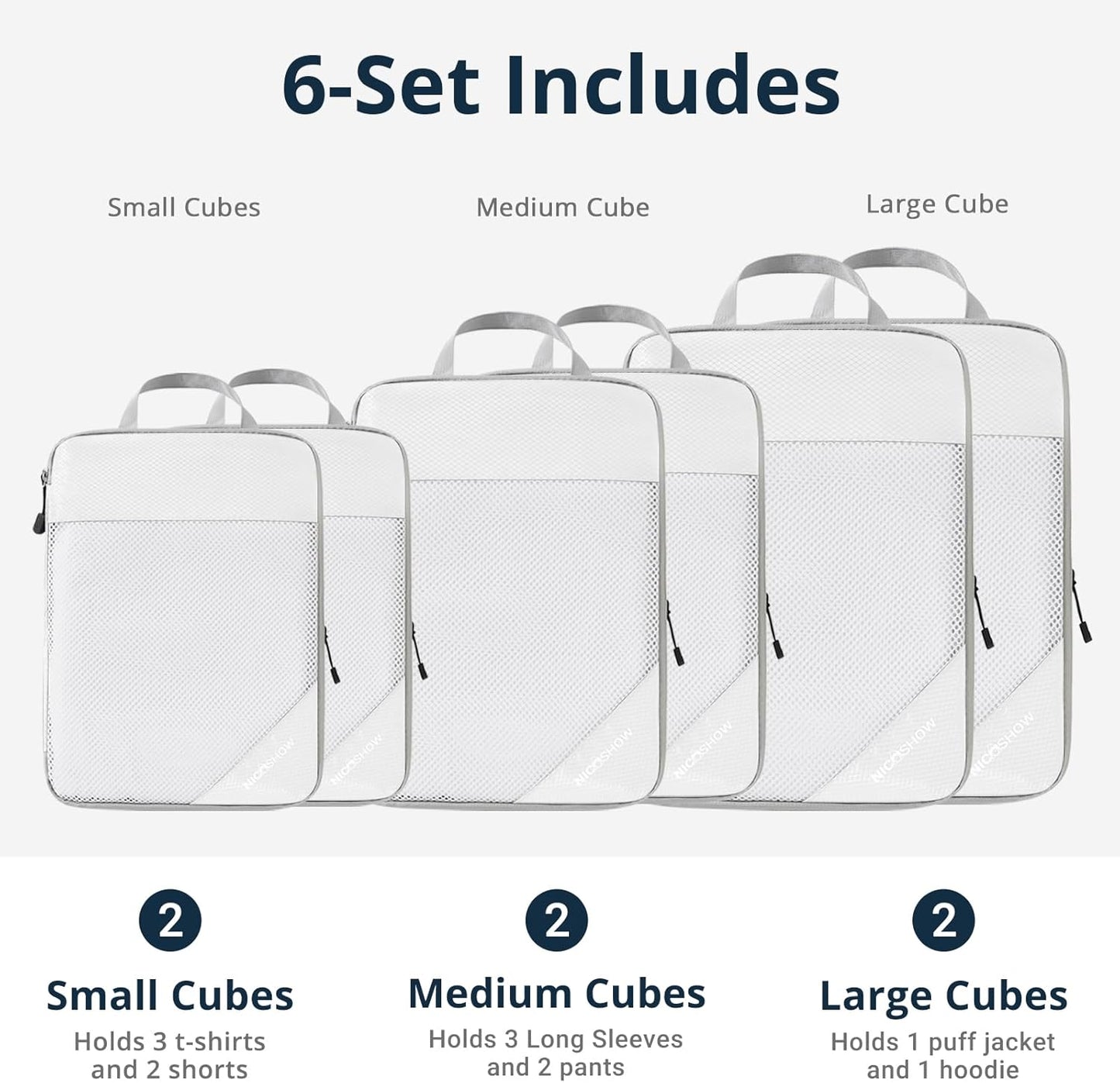 Compression Packing Cubes 6 Set, Compressible Space-Saving Packing Cubes for Travel - Compression Bags, Luggage Organizer, Travel Essentials for Women, White
