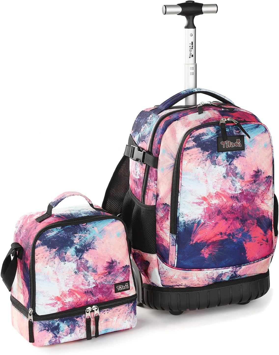 Tilami Rolling Backpack & Lunch bag for Kids 19 Inch Wheeled Bookbag for Boys & Girls for School & Travel,Pink wave