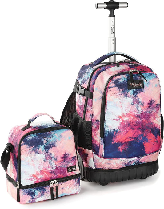 Tilami Rolling Backpack & Lunch bag for Kids 19 Inch Wheeled Bookbag for Boys & Girls for School & Travel,Pink wave