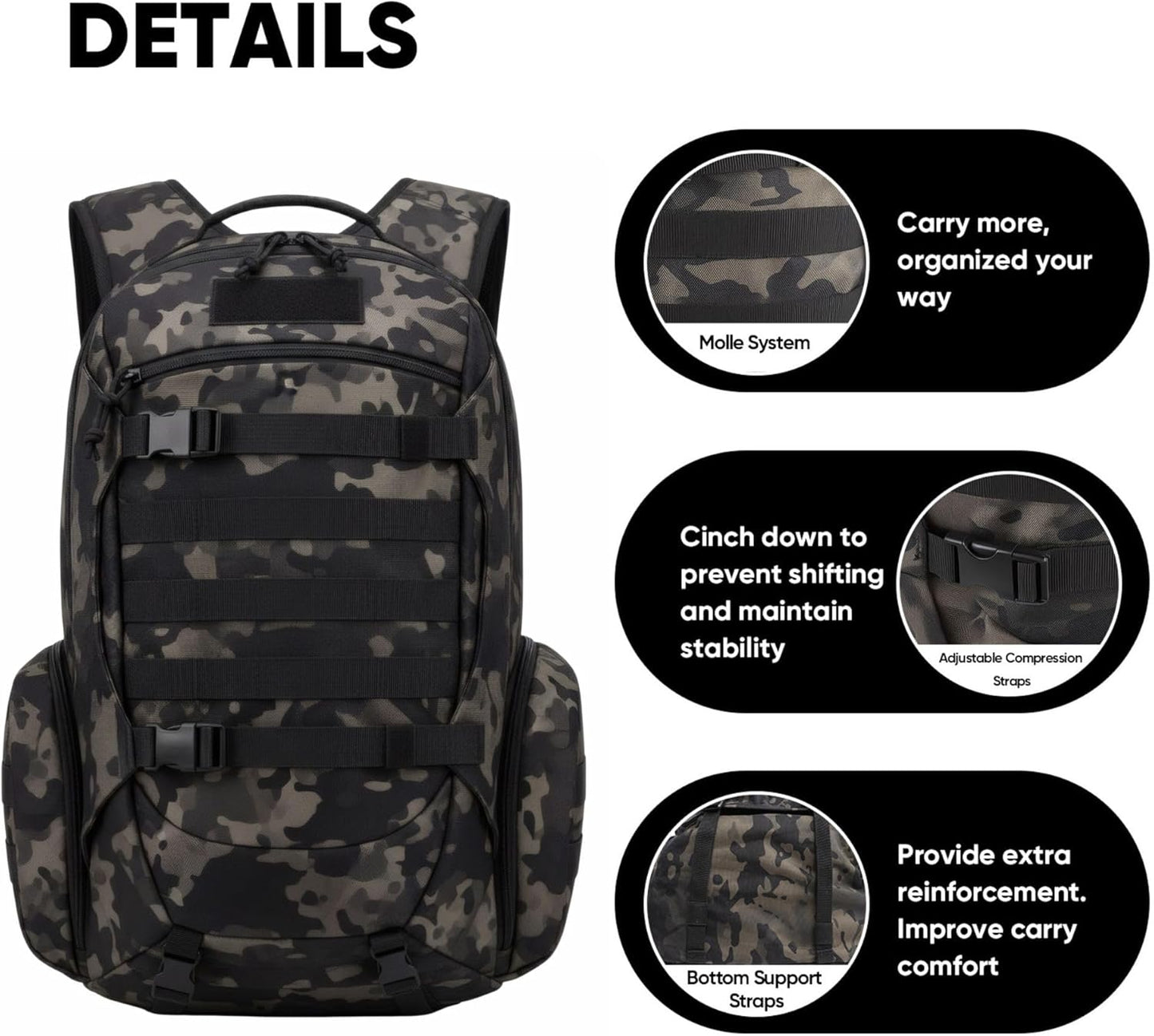 35L Tactical Backpack for Men, MOLLE Military Bug Out Bag, Waterproof Rucksack for Hiking with Hydration Port Balck CP