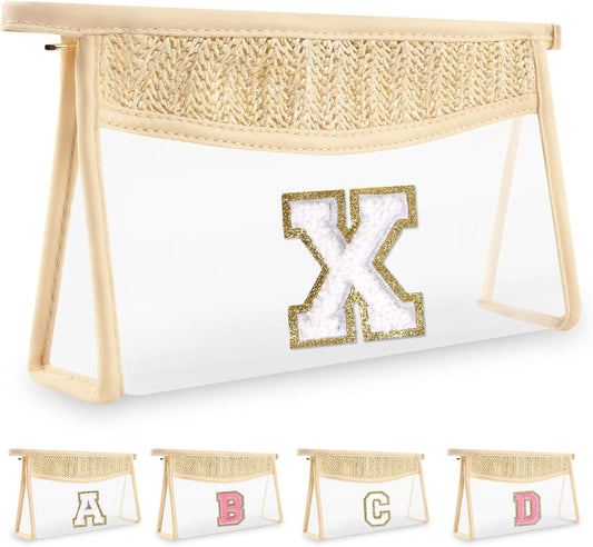 Personalized Initial Letter Bag Boho Straw Clear Makeup Bag,Small Cute Chenille Varsity Letter Pouch With Zipper,Beach Travel Toiletry,Portable Monogrammed Cosmetic Bag for Women Girls,X