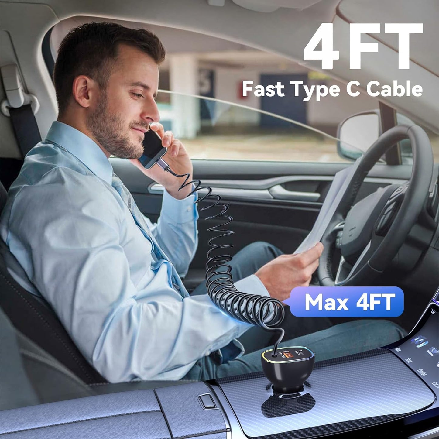 90W Car Charger USB C for iPhone 16 Pro, PD & QC3.0 Type C Coiled Cable 4ft, Fast Car Charger Adapter for iPhone 15 Pro Max Plus, for Samsung Galaxy S24/S23/S22