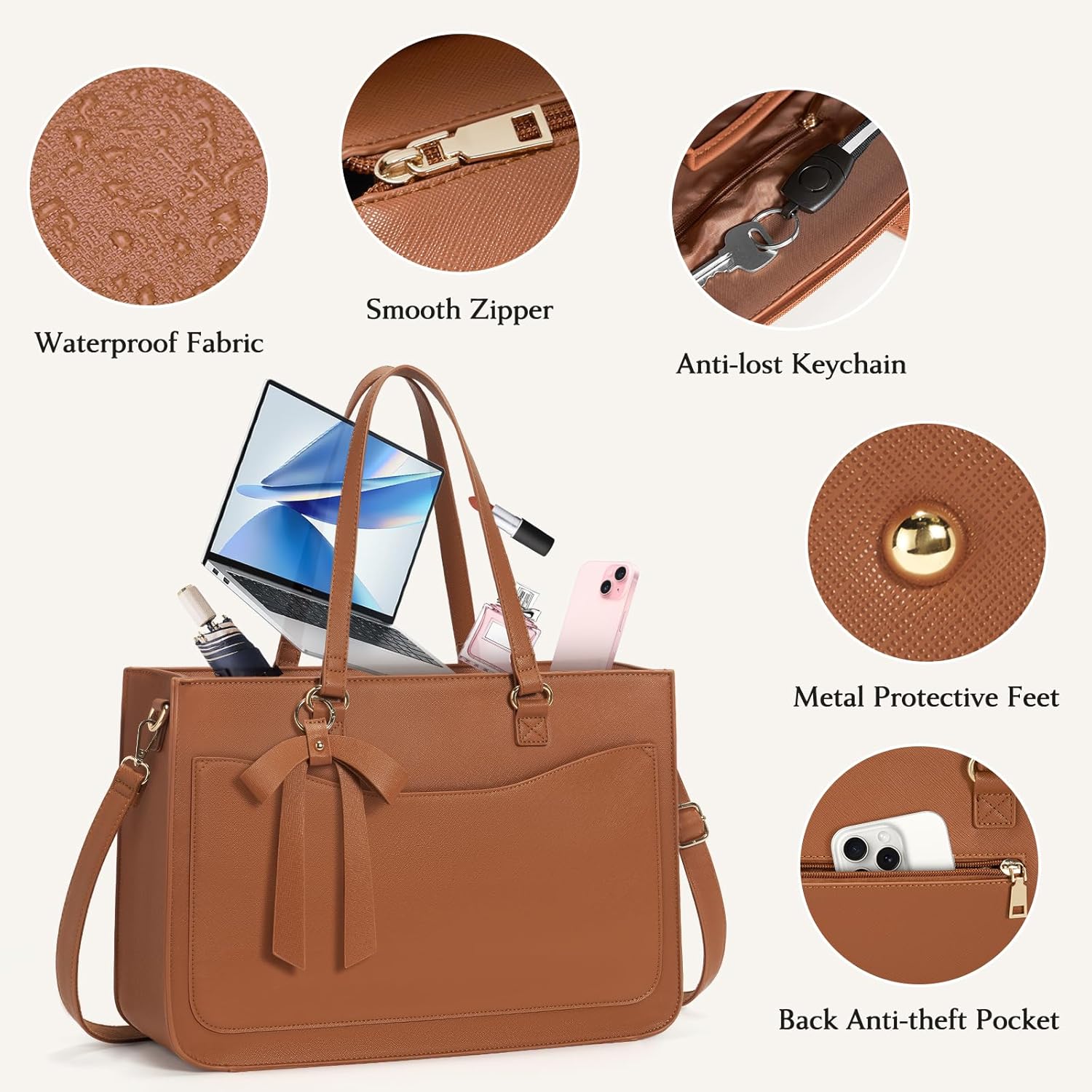 RAINSMORE Laptop Bag for Women 15.6 Inch Work Tote Bags Leather Laptop Tote Waterproof Computer Bag