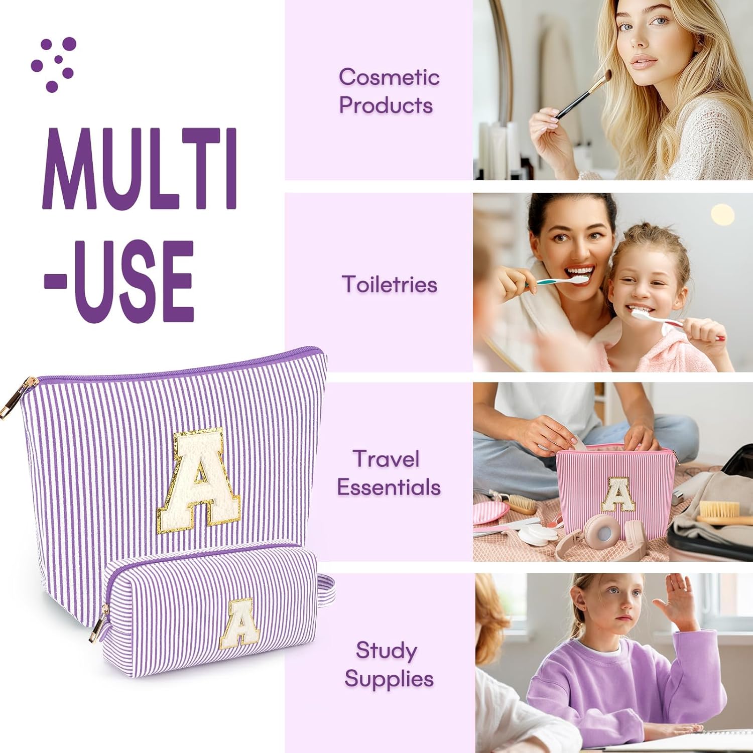 2 PCS Initial Makeup Bags for Women: Cosmetic Bag for Travel Toiletry - Birthday Gifts for 11 12 13