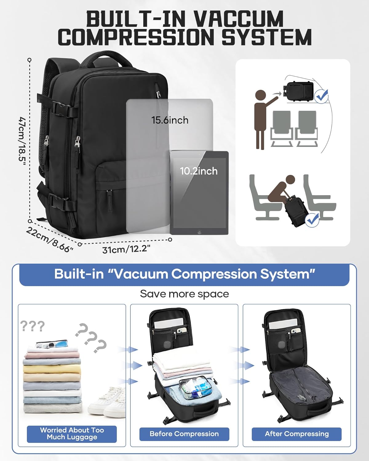 WONHOX Large Travel Backpack Carry on Flight Approved Laptop Work Business Backpack for Women Men Mochila de Viaje