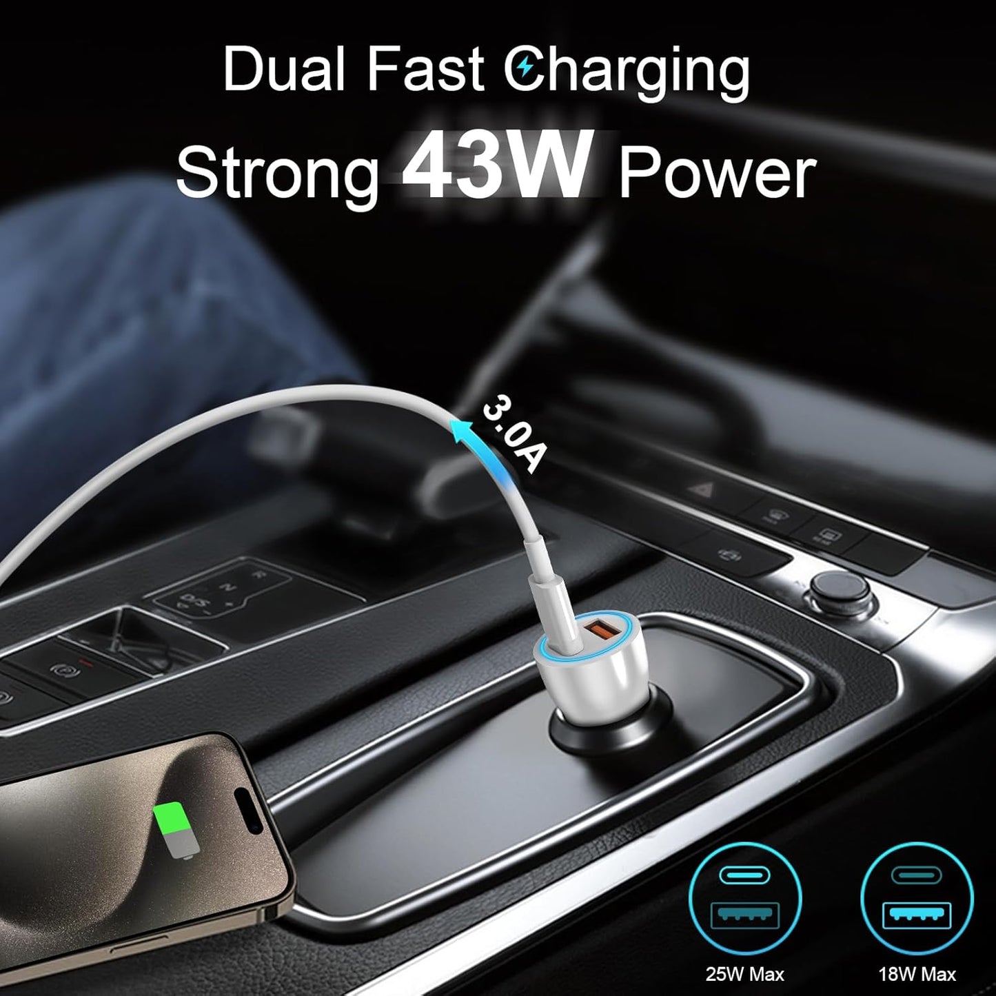 for iPhone 15/16 Car Charger, 43W 2-Port Fast USB C Car Charger Power Adapter with 6FT USB C to Type C Cable for iPhone 16e 16/15 Pro Max/Plus/iPad Pro/Samsung Galaxy S25 S24 S23 S22 S21 Ultra