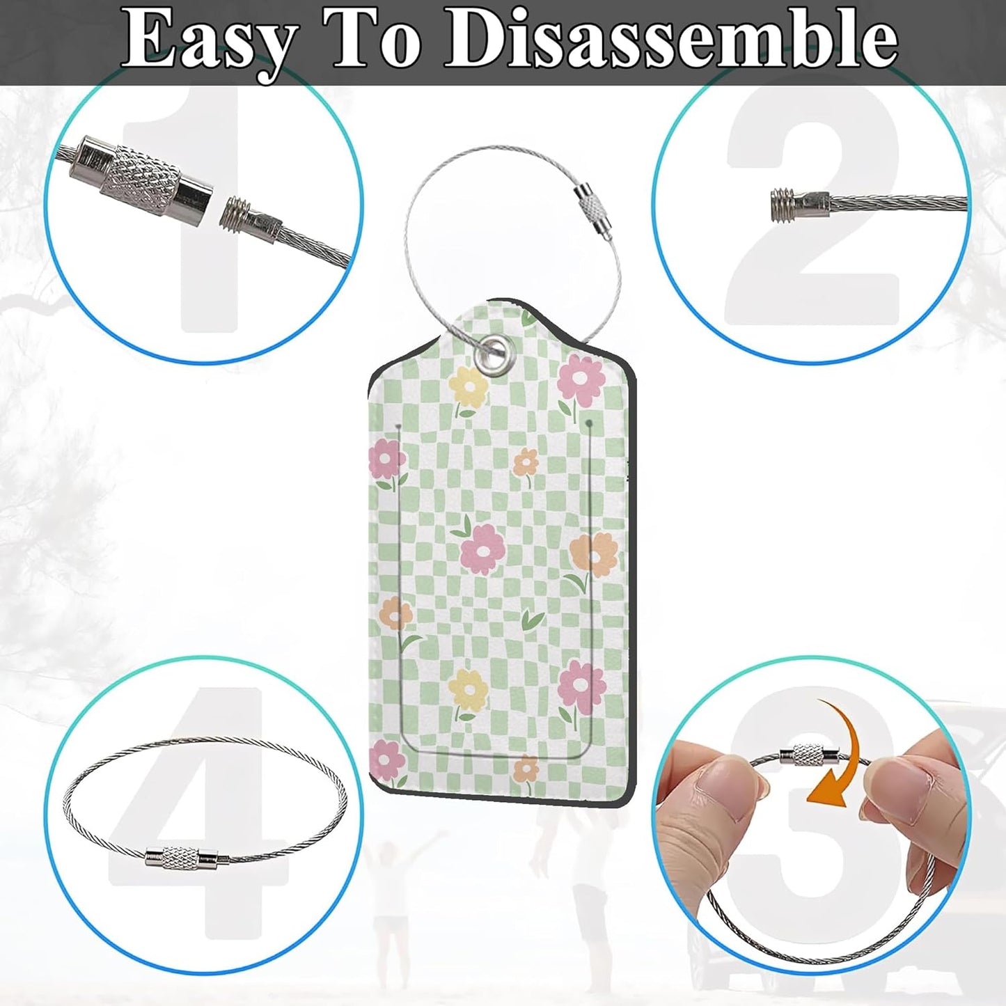 Stylish Floral Checkered Luggage Tags, 2 Pack Travel Cruise Tags for Suitcases, Cute Identifiers with Privacy Flap, Baggage Tag for Women Men Backpack Handbag