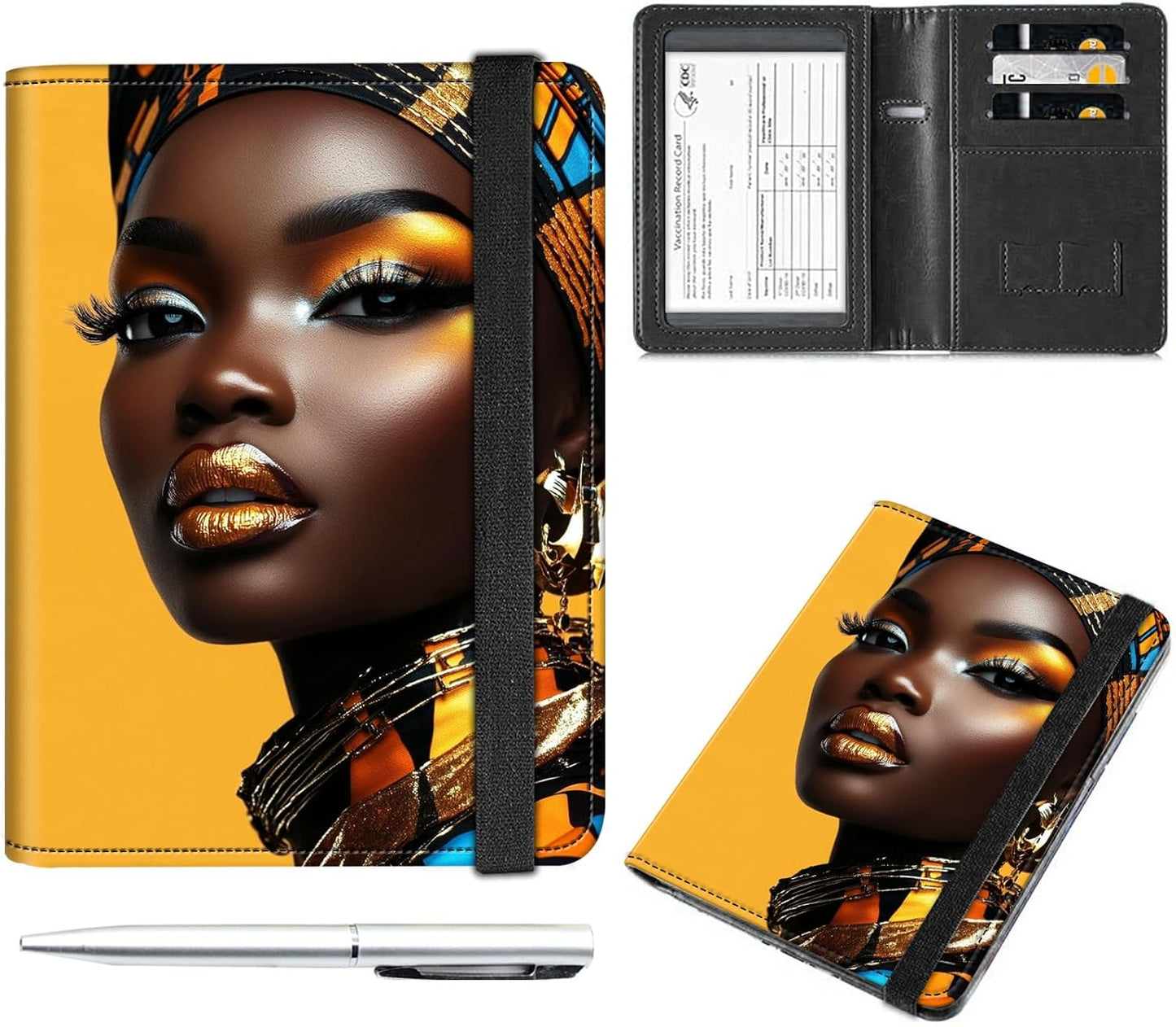 Passport and Vaccine Card Holder Cover Combo,Travel Passport Holder Wallet with RFID Blocking, Leather Vaccine Card Slot Passport Cover Case for Women & Men,African American Woman-1121