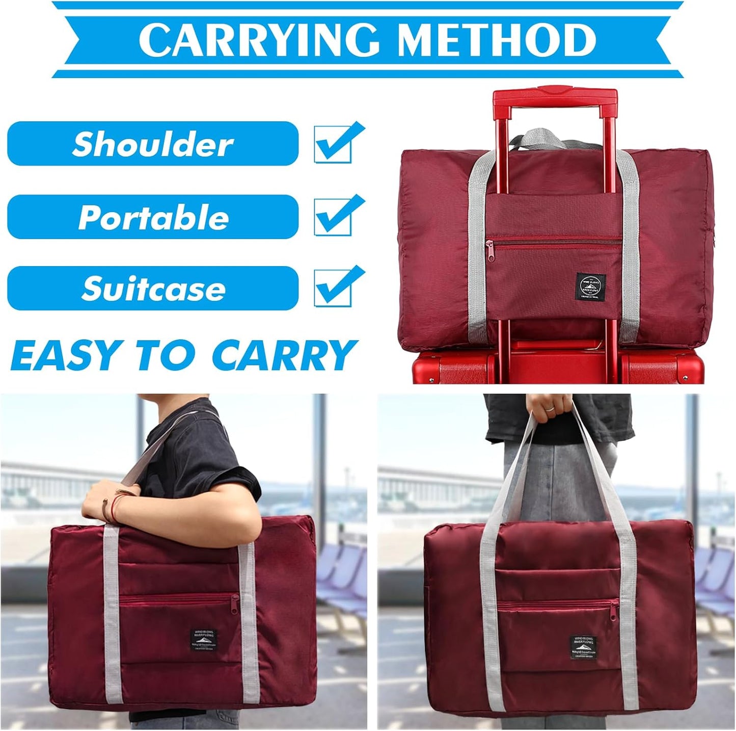 2PCS Travel Duffle Bag Tote Carry on Bag Nylon Lightweight Foldable Travel Bag Water Resistant Sports Gym Duffle Weekender Overnight Bag (Pink+Red+2Pe bag)