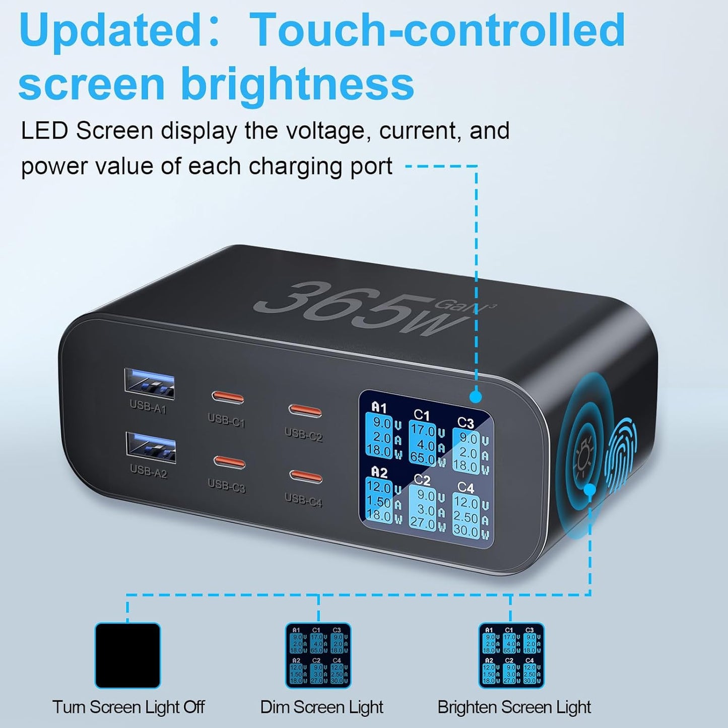 365W USB C Charger 6-Port with LED Display Adjustable Brightness, USB Charging Station GaN Multiport Fast Charger PD 100w 65W QC 3.0 Support PPS Compatible with MacBook iPhone Samsung, Black