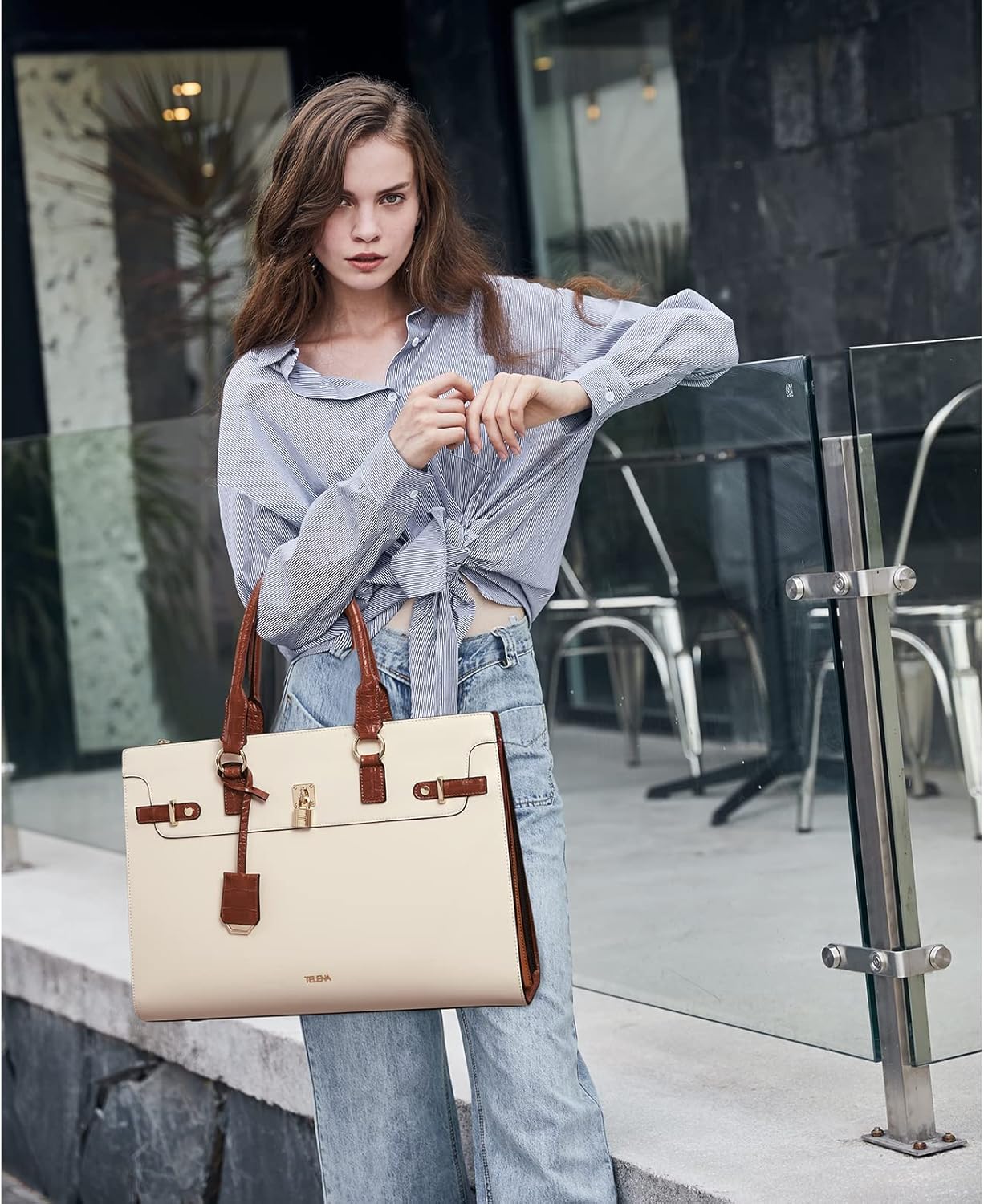 Telena Laptop Tote Bag for Women, 15.6 Inch Shoulder Tote Bag Leather Briefcase for Women, Large Capacity Handbag Bags