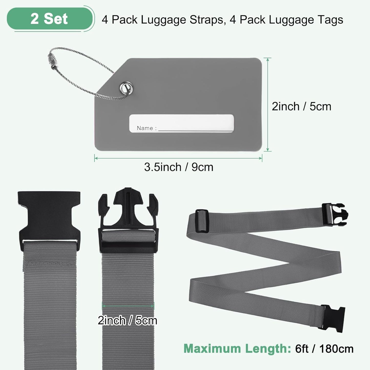 2-Sets Luggage Straps TSA Approved, Travel Straps for Luggage Suitcase Tags Set, Adjustable Suitcase Belt [Gray]
