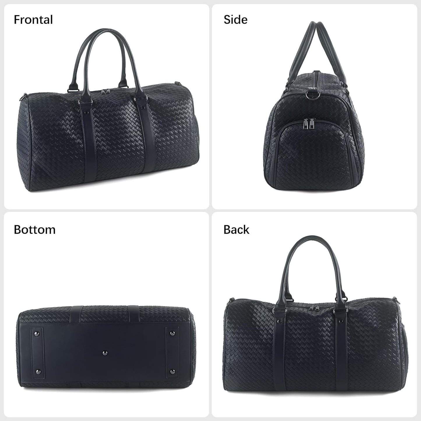Weekender Bags for Women Woven Leather Travel Duffel Bag with Shoe Compartment, Carry On Garment Bag for Men Women, Large Capacity Water-resistant Gym Tote (Dark Blue)