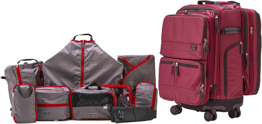 Trilogy All-In-One Bundle: 3-Part Modular Rolling Pack and 8 Perfect Fit Packing Cubes and a padded hip belt. Get 3 bags in 1 (Zinfandel)