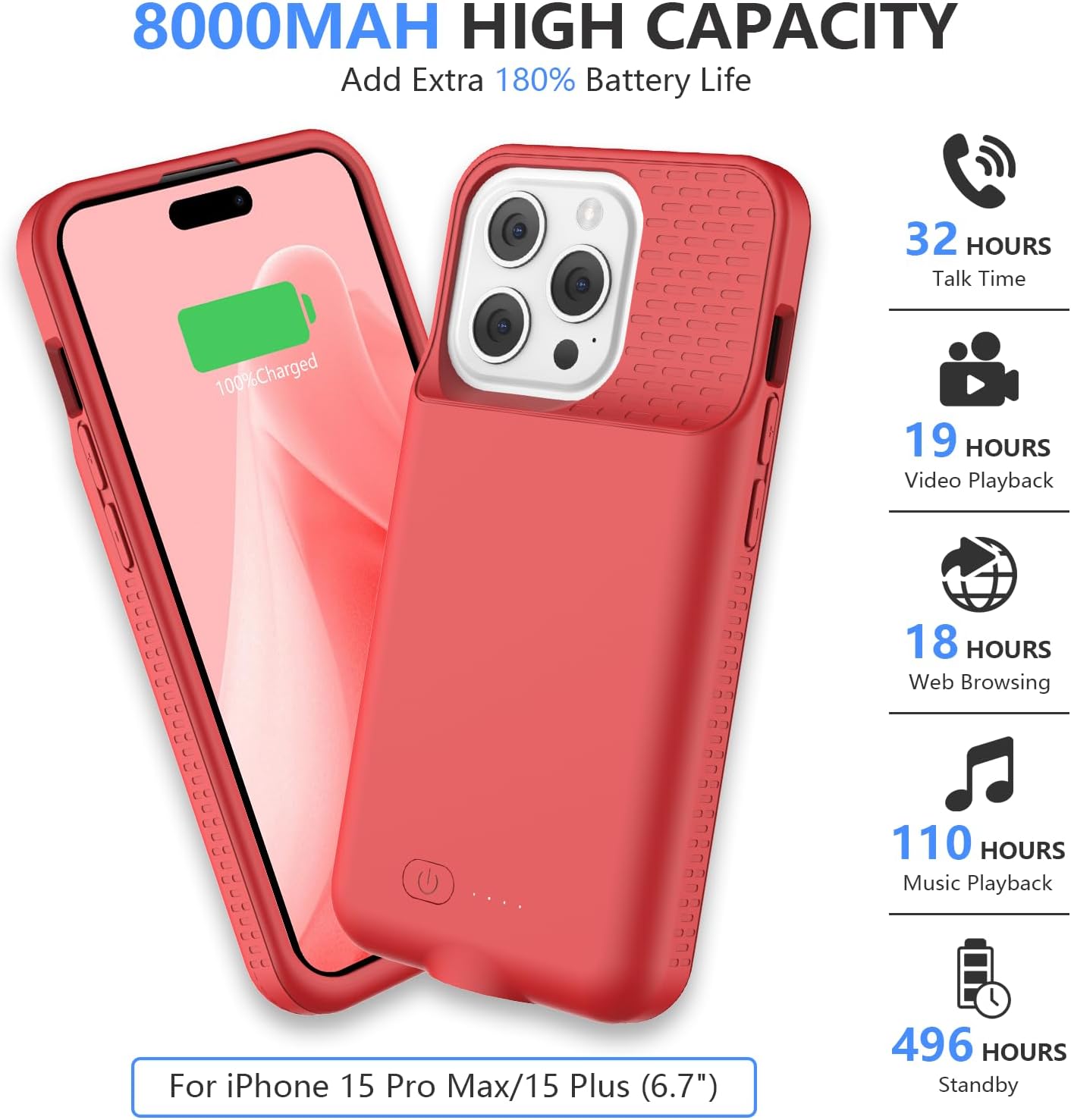 GIN FOXI Battery Case for iPhone 15 Pro Max/15 Plus, 15W Fast Charging Battery Charger Case Rechargeable Real 8000mAh Ultra-Slim Anti-Fall Protection Extended Charger for iPhone 15ProMax&15Plus(6.7")