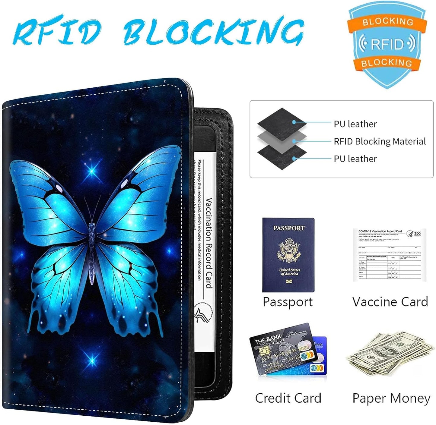 Passport Holder Cover Wallet Travel Essentials RFID Blocking Case Leather Passport Cover Wallet Vaccine Card Slot Organizer for Men Women, Starry Butterfly