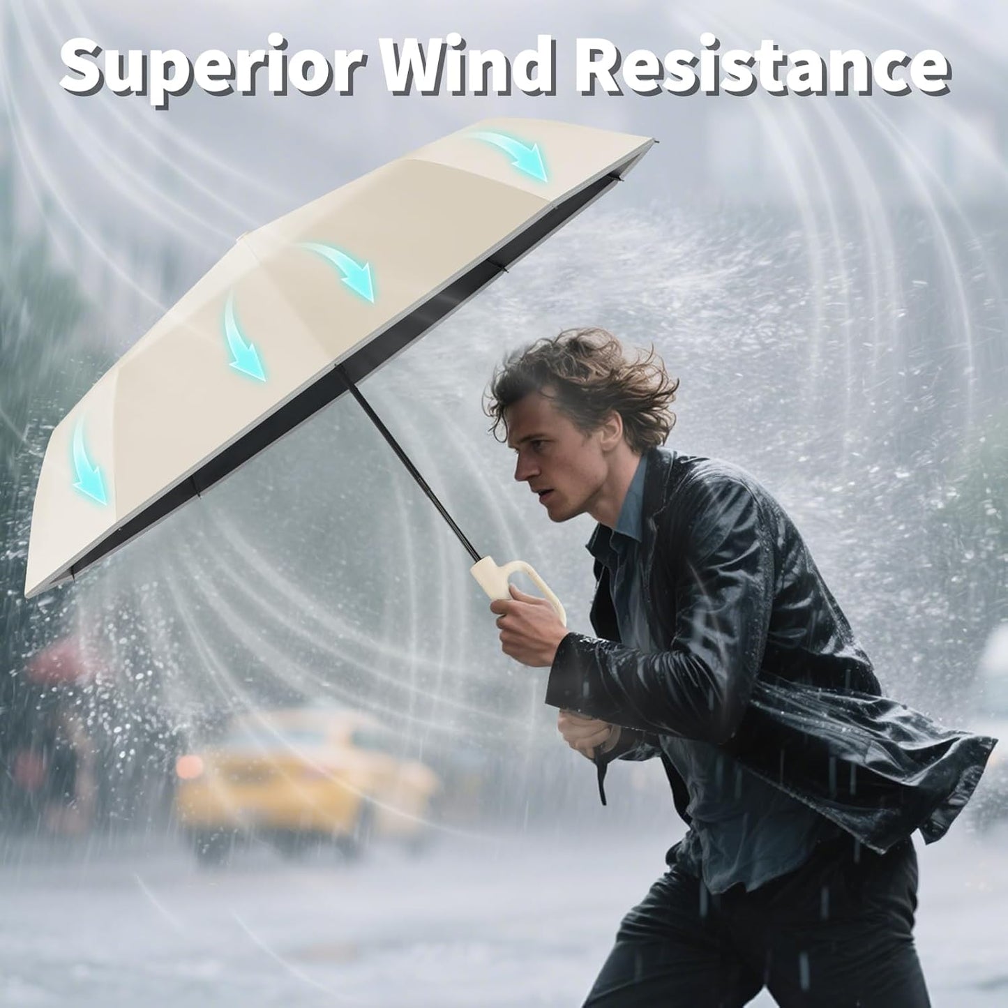 Seniny Travel Umbrella with Carabiner Handle, Windproof Large Umbrellas for Rain with Dual-Rib Structure, Portable Compact Umbrella with Reflective Strip, Car Backpack UV Umbrellas for Sun Protection