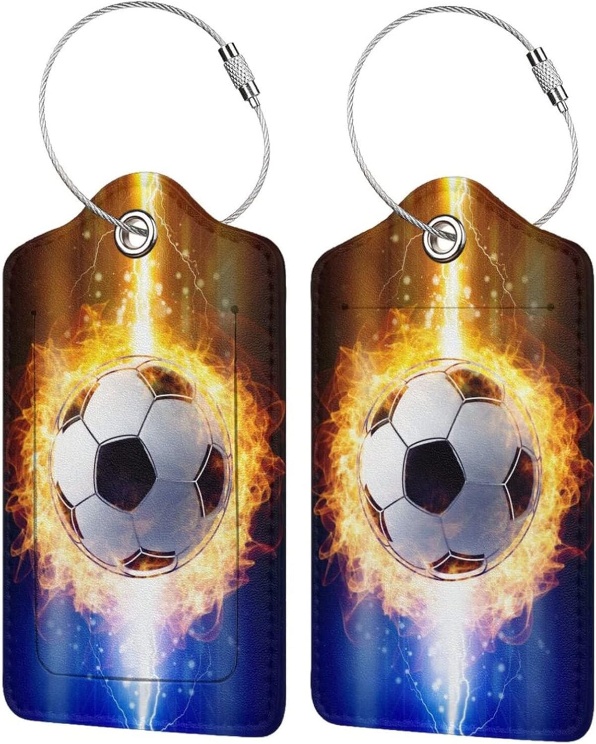 Kids Luggage Tags for Suitcases, 2 Piece Travel Suitcase Leather Bag Tags with Fire Soccer Ball Pattern for Sports Boys Men Women Teen Girls Travel, Identify ID Labels with Privacy Cover