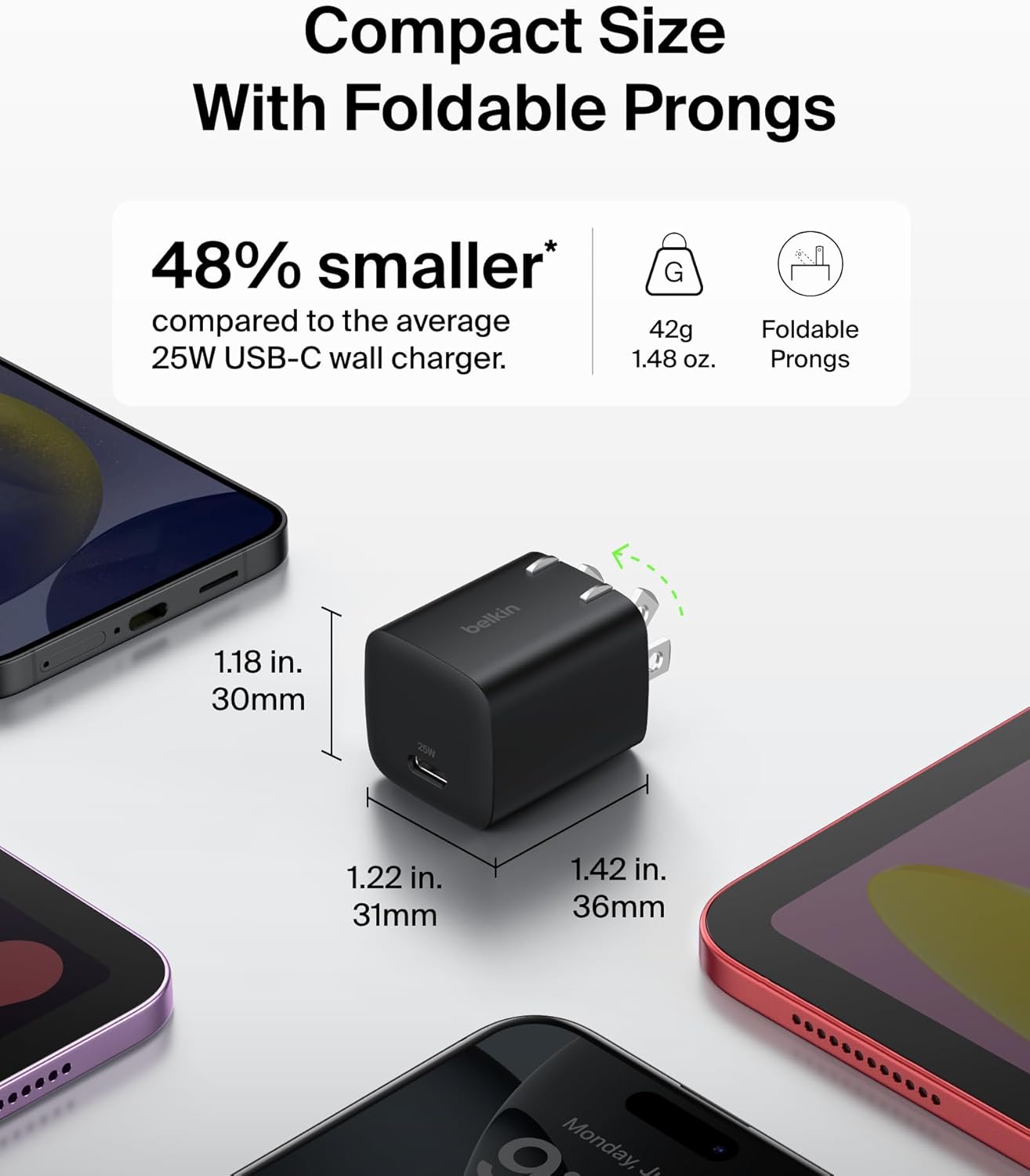 Belkin USB C Charger Block 25W (2 Pack) – PD3.0 PPS Super Fast Charging - Samsung Galaxy S25, S24, Apple iPhone 17, Air, Pro, Pro Max, AirPods, Apple Watch, Google Pixel 10, Nintendo Switch - Black