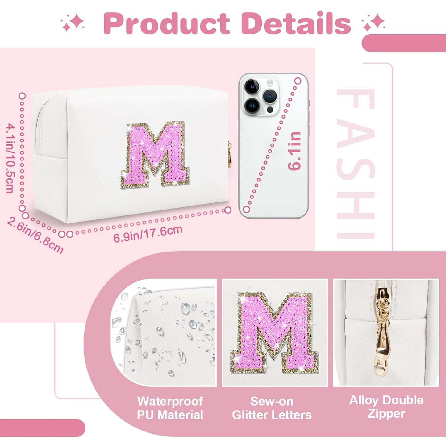 Small Initial Patch Makeup Bag Personalized Gifts Make Up Bag,White Cute PU Leather Glitter Letter Cosmetic Bag with Zipper,Trendy Portable Travel Toiletry Pouch,Preppy Stuff for Teen Girls Women M