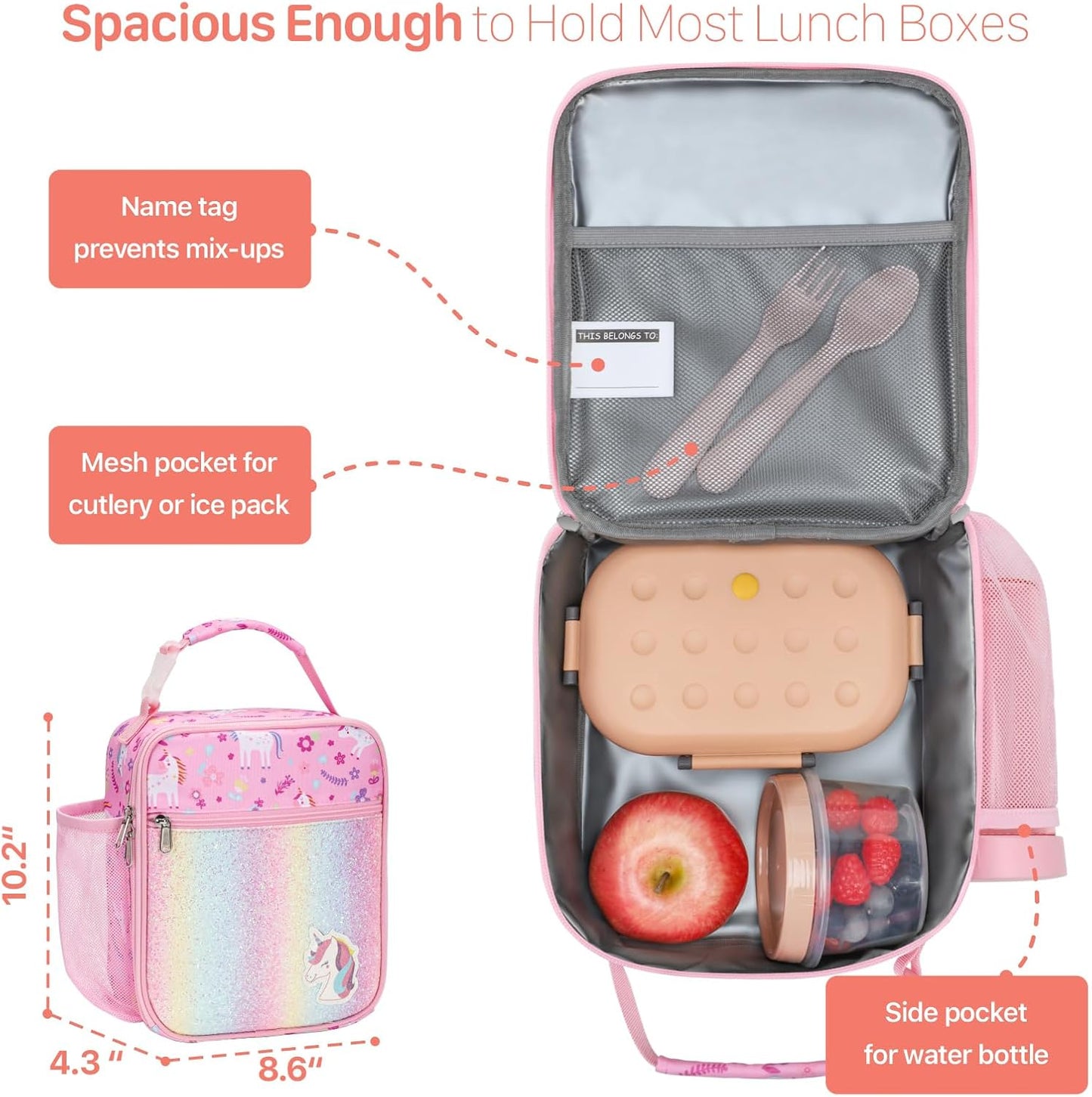 Kids Backpack with Lunch Box - 15 Inch Backpack for Girls 3 to 8, Lightweight Bookbag for Preschool Kindergarten Elementary School, Insulated Pocket, Safe Reflective Stripe, Pink Unicorn