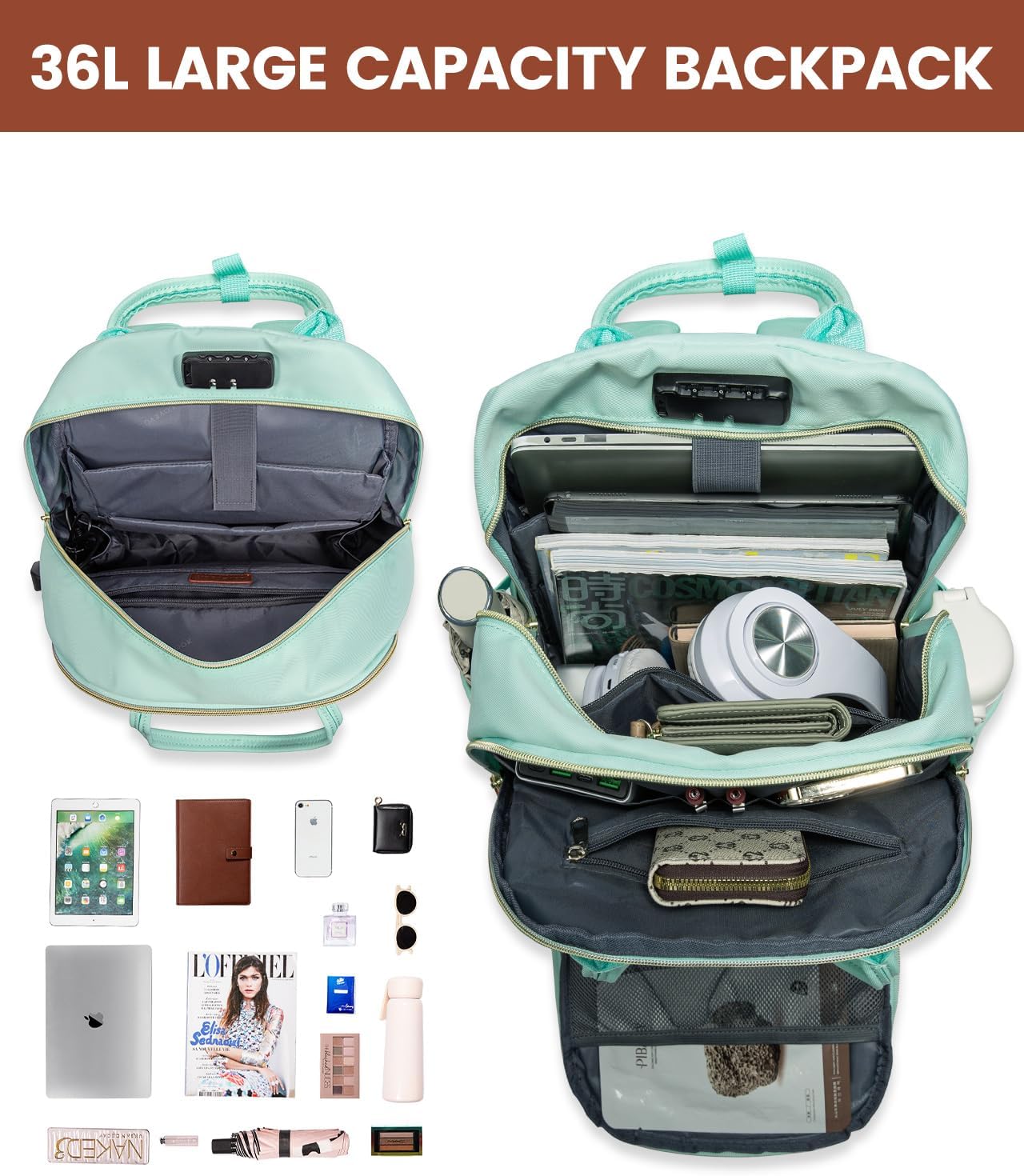 LOVEVOOK Laptop Backpack Purse for Women, Unisex Large Capacity 17 Inch Travel Anti-theft Bag, Work Business Computer Bags Backpack for Men, Casual Hiking Daypack with Lock, Mint Green
