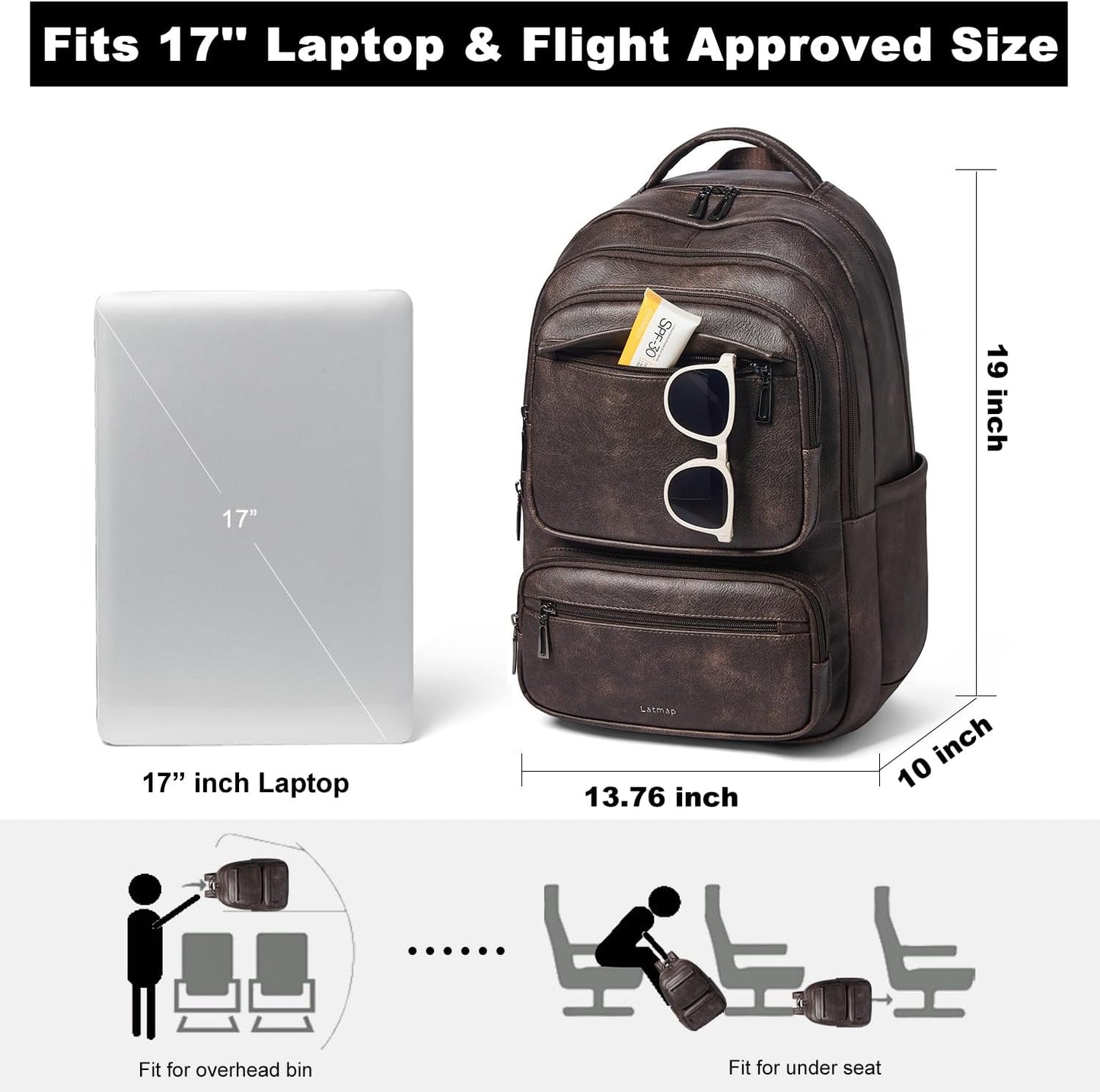 43L Backpack Purse For Women Leather Shoulder Diaper Bookbag Tote 17 16 15.6 Inch Laptop Bag Handbags For Travel Work College Large Coffee Color