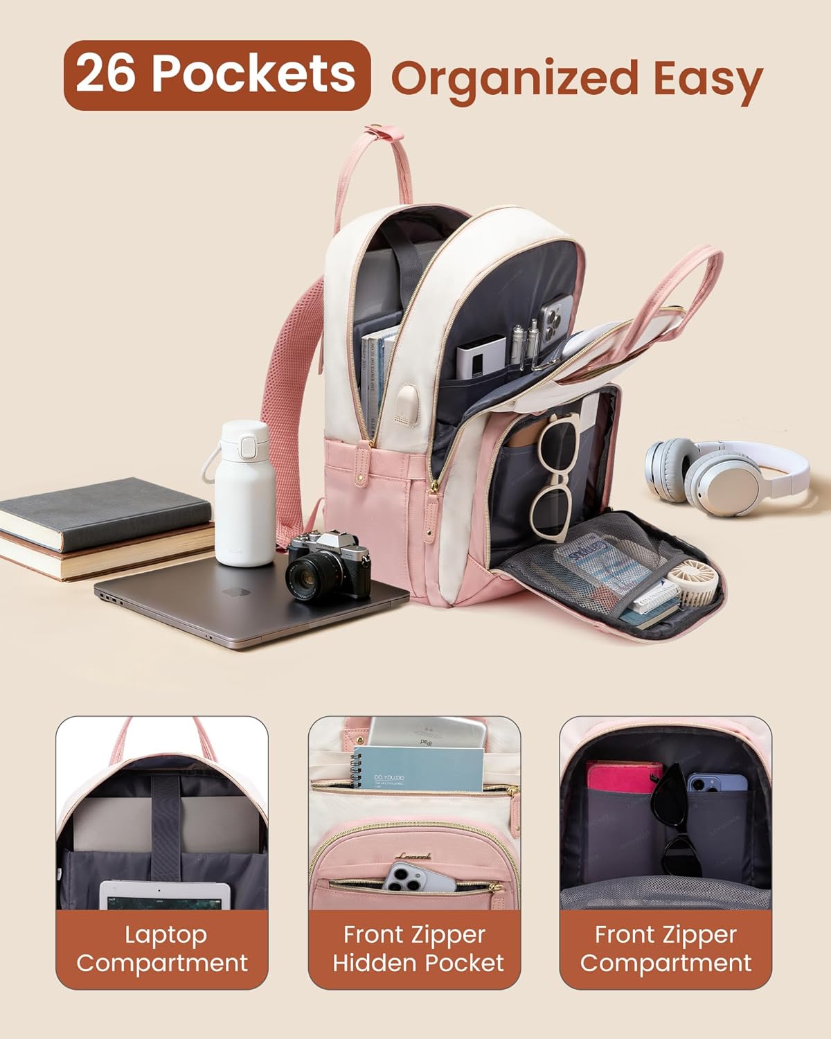 LOVEVOOK Backpack for Women,Laptop Backpack Women,Fits 17 Inch Laptop Bag,School Backpacks,Fashion Travel Work Anti-theft Bag,Waterproof Business Computer College Backpack Purse,Beige-Pink-Pink