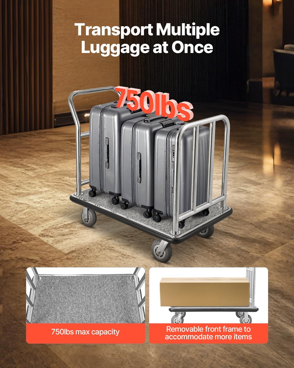 VEVOR Hotel Luggage Cart, 750 LBS Load Capacity, Deluxe Platform Truck with Removable Front Frame, Valet Cart with Grey Carpeted Deck and 6-inch Rubber Wheels, Ideal for Hotels, Condos, Resorts