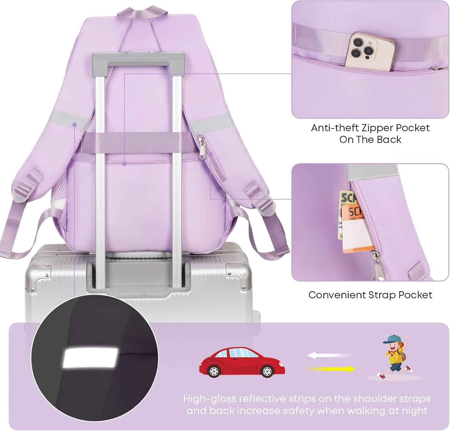 3PCS School Backpack For Student Women College Middle High Teen Girls Bookbag Waterproof Laptop Bag Plaid Purple