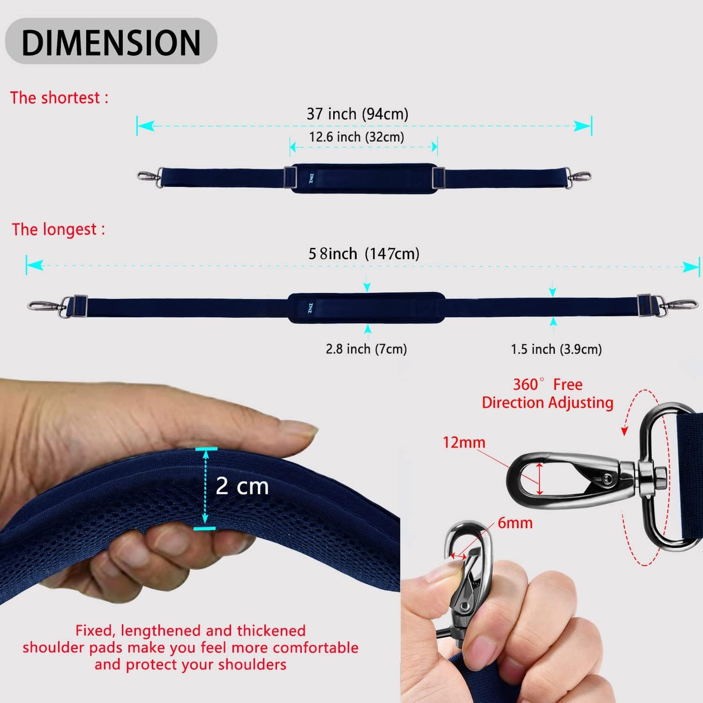 ZINZ Shoulder Strap 58" Ultra-Thick Fixed Padded and Adjustable Buckles Crossbody Strap for