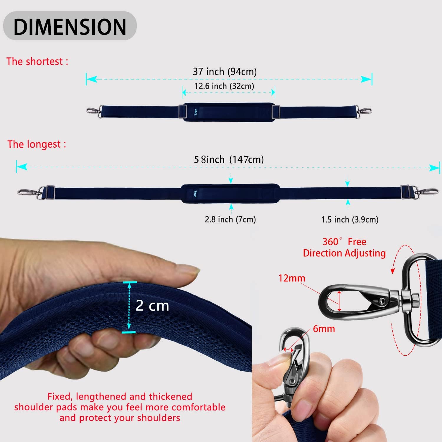 ZINZ Shoulder Strap 58" Ultra-Thick Fixed Padded and Adjustable Buckles Crossbody Strap for